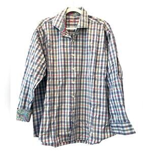 Alan Flusser Multicolor Plaid Button Down Shirt XL Contrast Paisley Cuff Sleeves